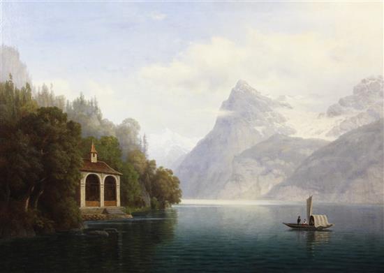 Leonhard Rausch (1813-1895) Swiss lake scene with figures in a ferry boat, 29 x 42in.